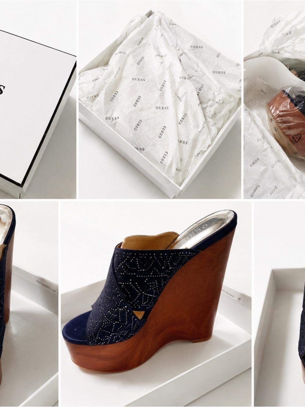 GUESS Navy Suede Studded Platform Wedge Sandals with Wood-Look Heel